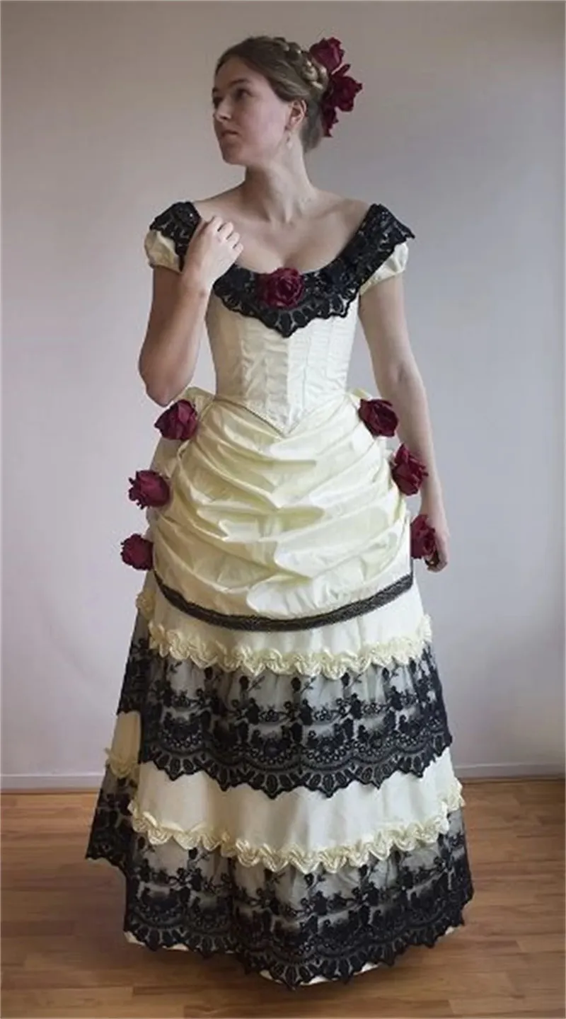 Vintage Victorian Bustle Prom Dress Dark Ivory and Black Lace Satin  Floor-Length Ball Gown from Dhgate Prom Dresses - price 161.83