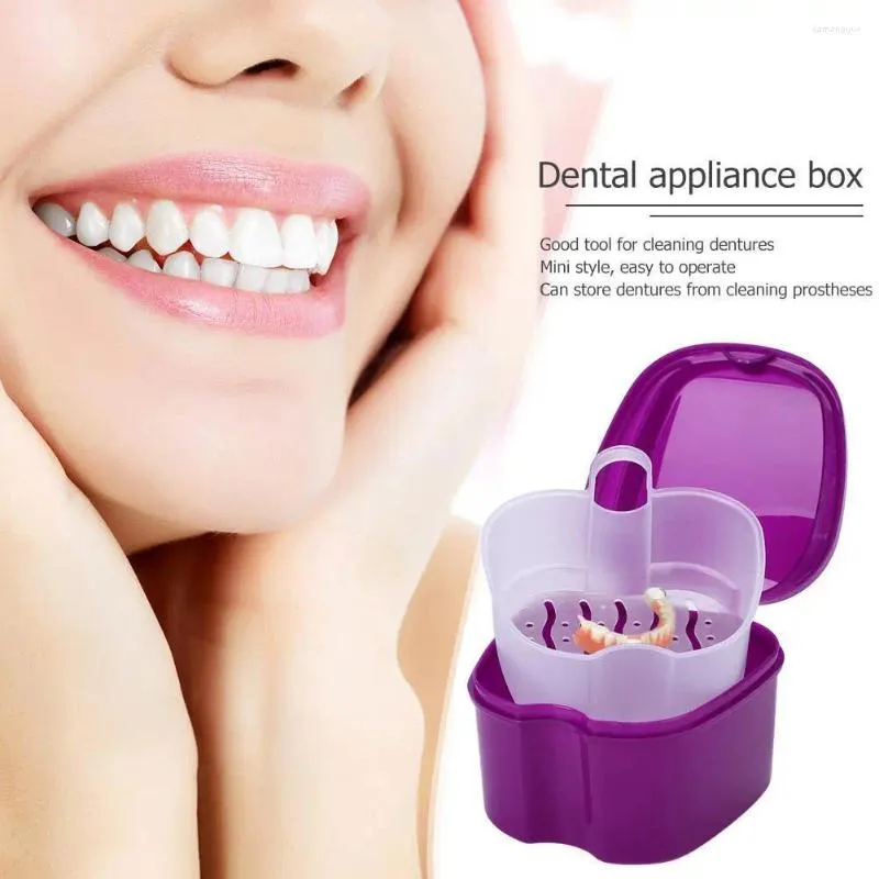 Lagringsflaskor Dental False Teeth Boxes Portable Artificial Tooth Box Praktiska proteser Rengöringsverktyg med hängande nät för äldre