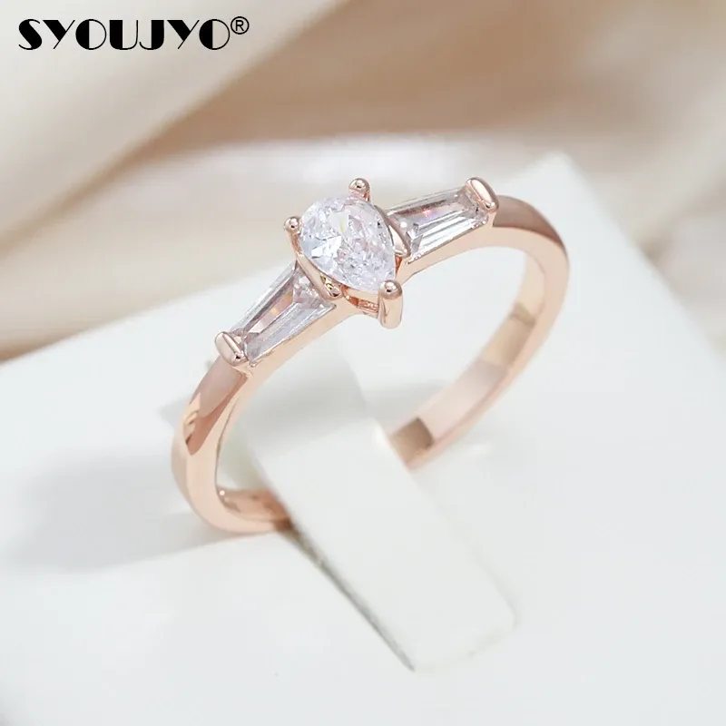 Bandas SYOUJYO Simple Natural Zircon Rings for Women 585 Rose Gold Color de lujo Joya de boda