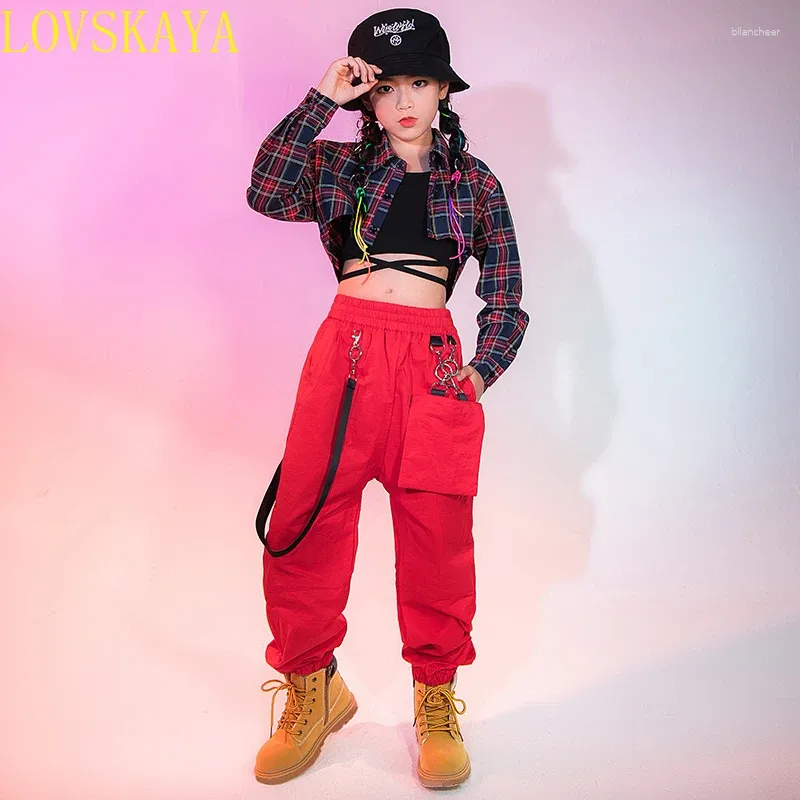 Stage Wear Girls Hip-Hop Clothing Camisa a cuadros con chaleco de ombligo expuesto Pantalones casuales Red