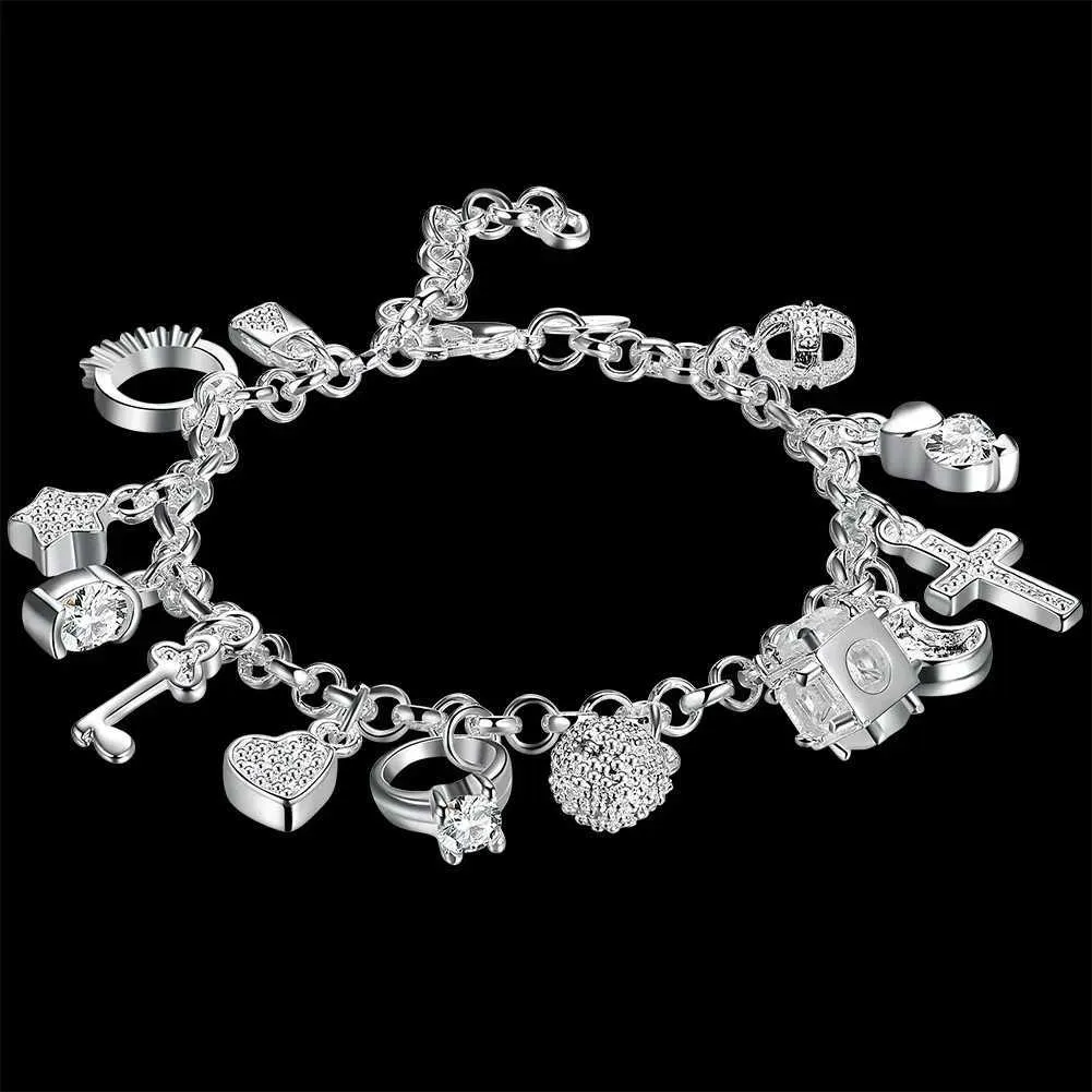 Beaded Hot Street Fashion 925 Stamp Silver Fine Zircon Heart Key Pendant Armband For Woman Party Gifts Wedding Accessories SMycken 240423