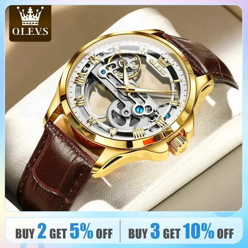 Polshorloges Olevs luxe mannen kijken automatisch mechanisch polshorloge skelet skeletontwerp waterdicht lederen band mannelijk horloge reloj hombre 240423