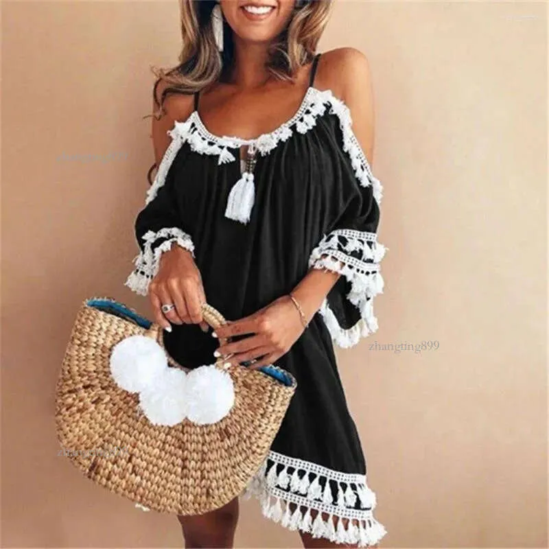 Casual Dresses Womens Cotton Tassel Elegant Fashion Cold Shoulder Baggy Mini Dress Ladies Summer Holiday Beach Sundress for