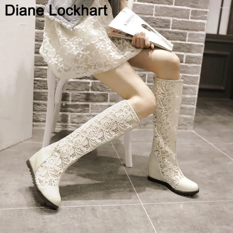 Bottes Femme's Breathable Mesh Lace Lace Upper Talons hauts Femme Femme Casual Knee White Summer Feme Céde Femme Chaussures Big Taille 34-43