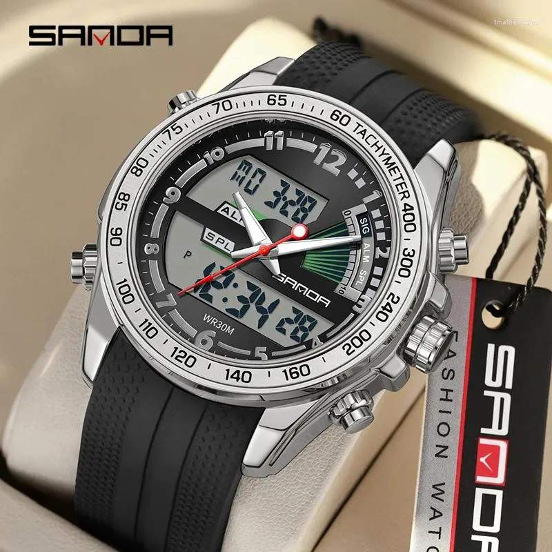 손목 시계 Sanda Top Luxury Digital Sport Watches Men 강한 빛나는 듀얼 디스플레이 방수 석영 강철 손목 시계 relogio