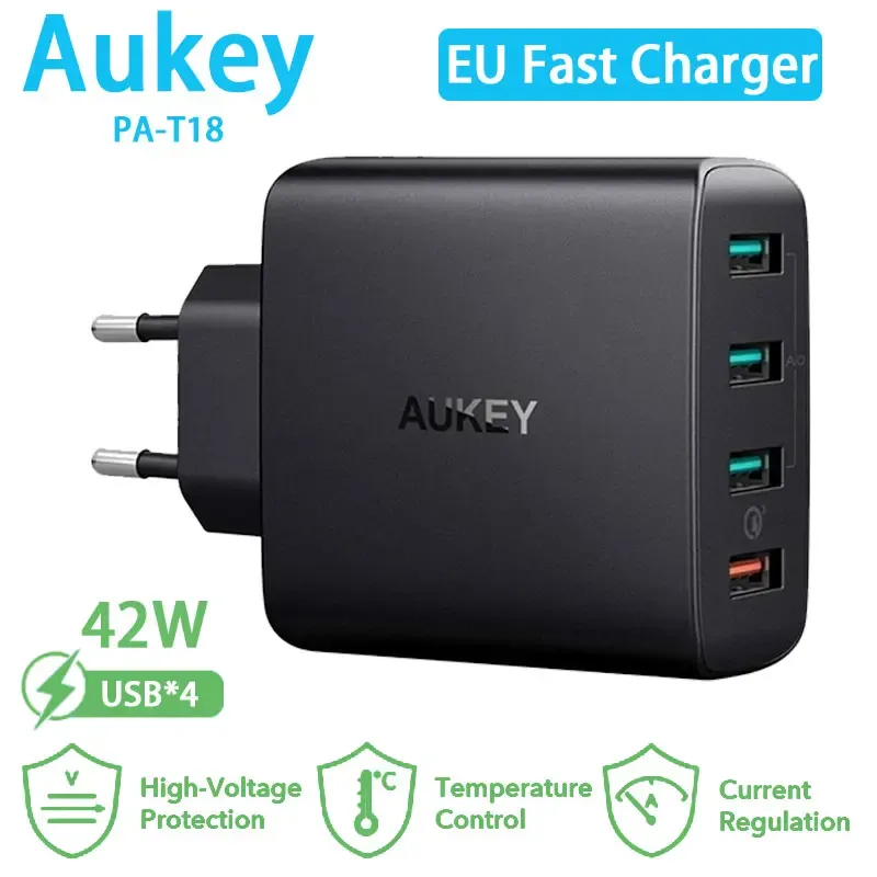 Accessori Aukey PAT18 42W Caricatore USB Adattatore per telefono Quick Charge 3.0 per iPhone 13 Xiaomi Tablet Portable Wall Mobile Eu Fast Charger