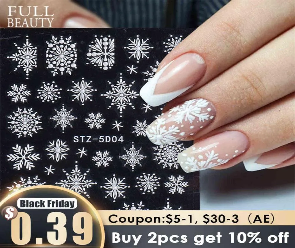 10pc 5D White Snowflakes Embossed Sticker Christmas New Year Nail Art Design Winter Charms Flower Manicure Slider Decals CHSTZ5D011916916