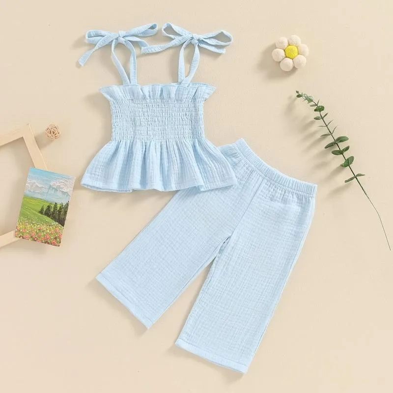 Set di abbigliamento per bambini bambine estate bandage canole senza maniche e pantaloni elastici a gamba larga in lino in lino di vestiti set di abiti