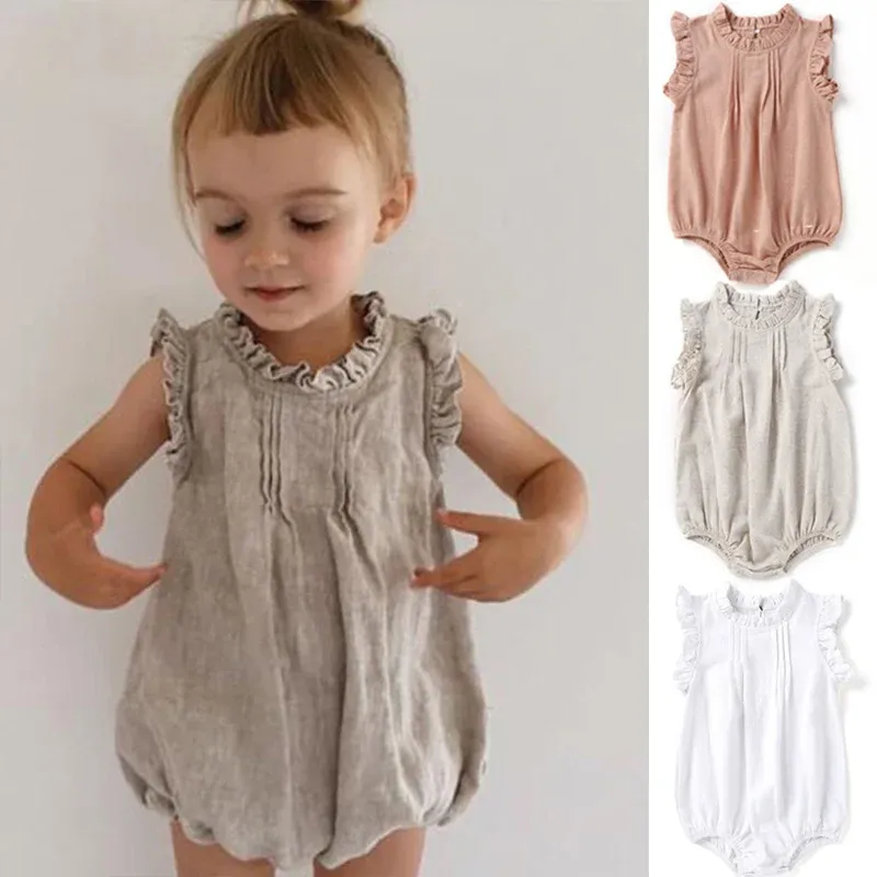 One-Pieces Baby's Clothing Newborn Infant Girl Infant Sleeveless Romper Vintage Ruffles Jumpsuit Bodysuits Cotton Linen Rompers Onesies 18M