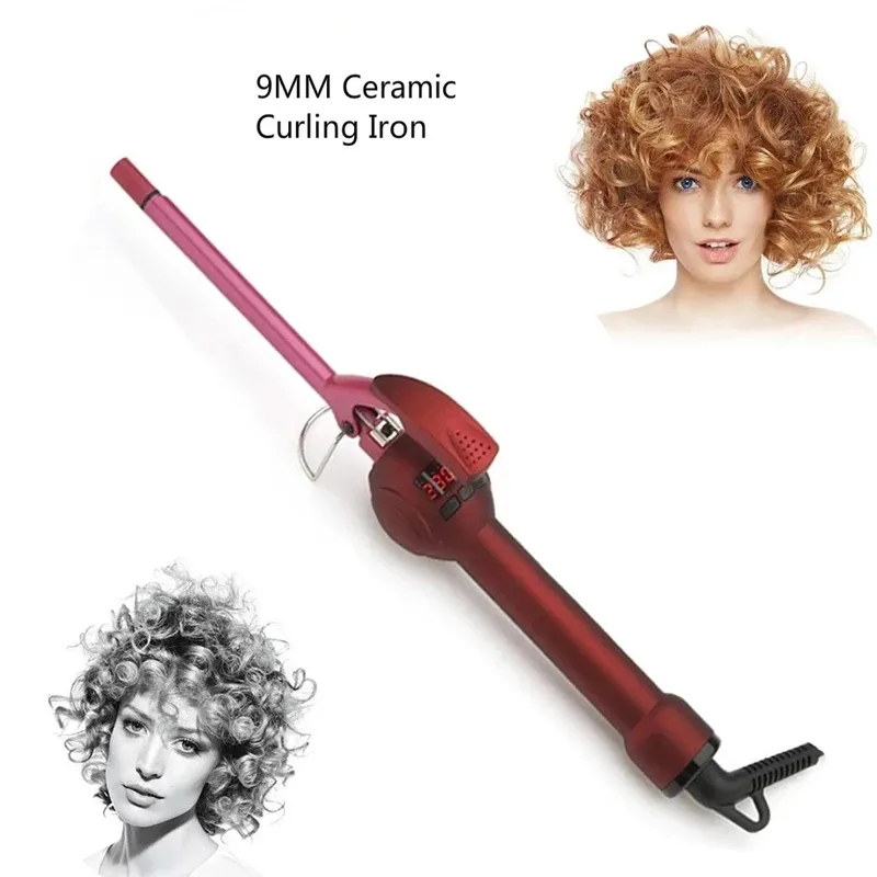 Prostownicze 9 mm ceramiczna różdżka Roleta wyświetlacza lcd Teddy Mały curling Iron Professional Iron na narzędzia do stylizacji salonu fryzjerskiego