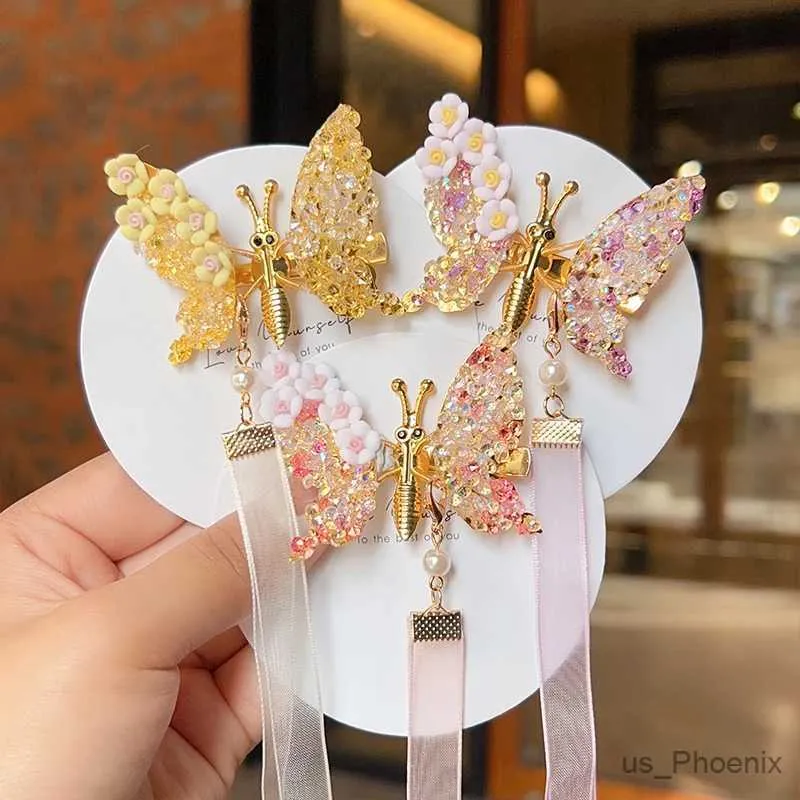 Accessoires de cheveux Nouveaux enfants Summer Butterfly Rhingestone Hairpin Clip Sweet Pearl Ancient Style Barrettes Hairpins Kids Hair Accessoires