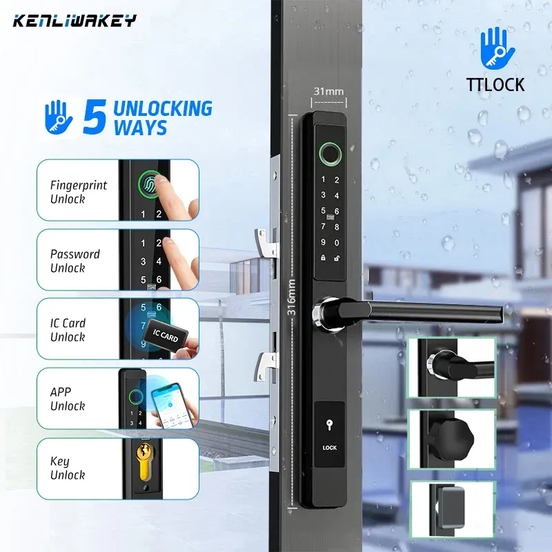 Управлять водонепроницаемым открытым отпечатком пальцев блокировки Ttlock Bluetooth App RFID CARD Код Электронная смарт -дверная блокировка алюминий/стеклянная раздвижная дверь