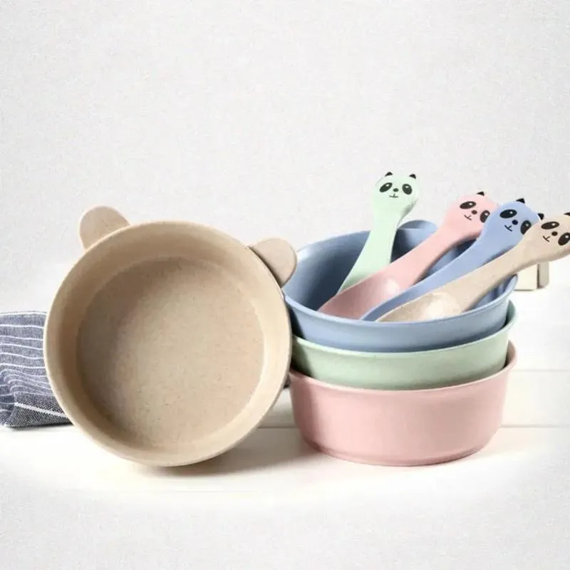 Bowls 2Pcs/Set Cute Panda Straw Baby Feeding Bowl Spoon Training Tableware Set White Ceramic