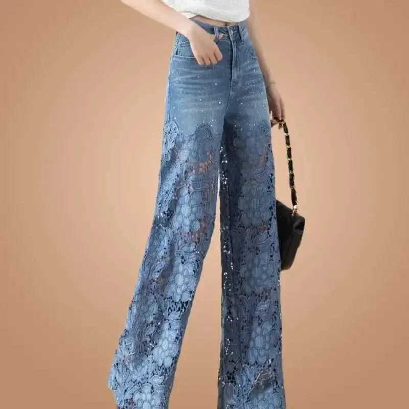 Jeans femminile moda jeans eleganti per donne pantaloni patchwork in pizzo alto vuoto scavalcano oversize welf casual sciometto tutti i pantaloni match 240423