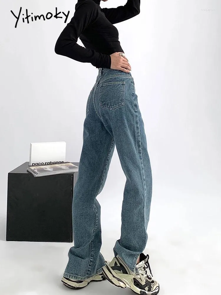 Jeans femminile yitimuceng donna gamba larga denim abbigliamento a fessura largo blu streetwear pantaloni vintage alla moda harajuku pantaloni dritti