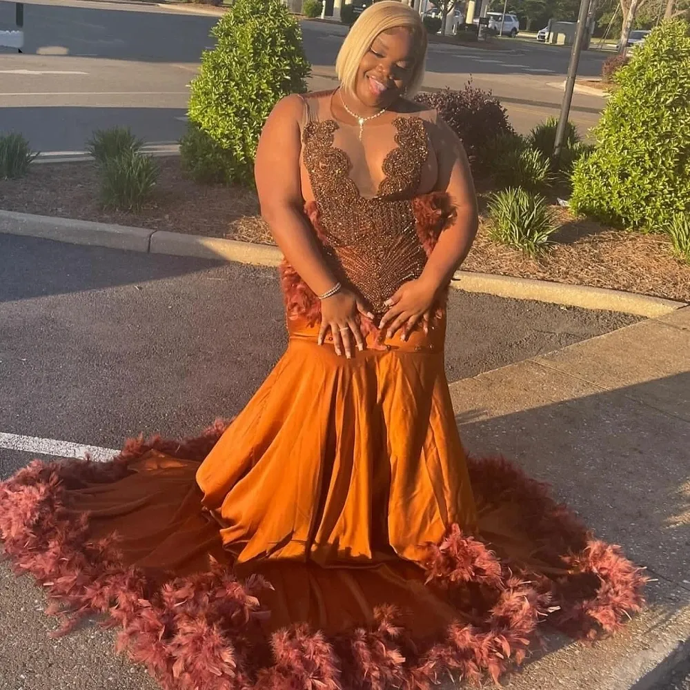 Orange Feather Mermaid Orange prom dresses 2023 with Beading - Sexy Girls Party Gown for Aso Ebi Evening Wear in 2024