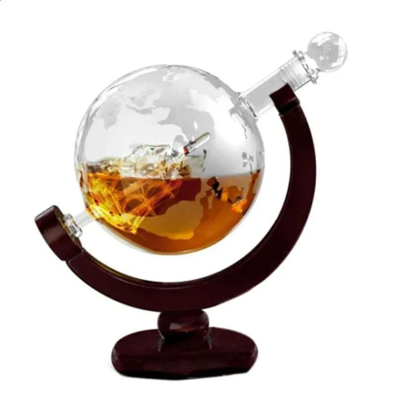 Dispensador de navios antigos de decanter de uísque de 850ml para bebida vodka de bourbon de bebida globo de vidro com suporte de madeira 240419