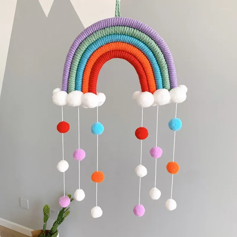 Decorative Figurines Hand-woven Rainbow Clouds Hanging Decoration Colorful Pom Felt Ball Tassel Baby Kids Room Wall Window Craft