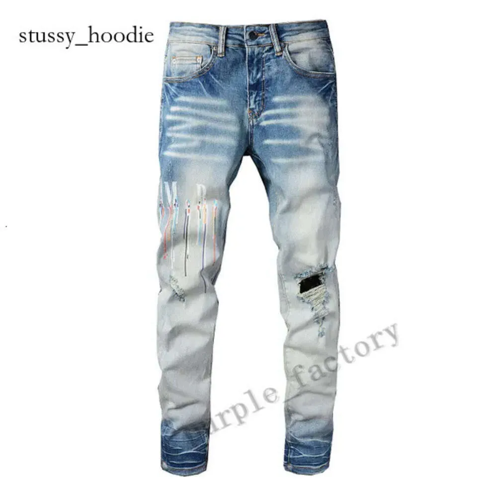 Herrkvinnor Designer Pants Amri Trousers Biker broderi rippade för trend amri jeans bomullsmode jeans män casual byxor svart tight montering 3717