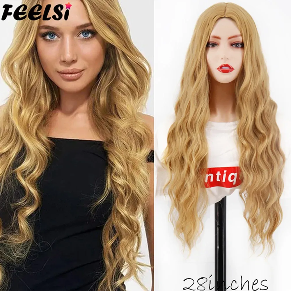 Perruques Golden Brown Water Waves Long Wig Synthetic Wigs Black Red Daily Wear Wig Natural For Women Hair High Temperature Fiber Halloween Co