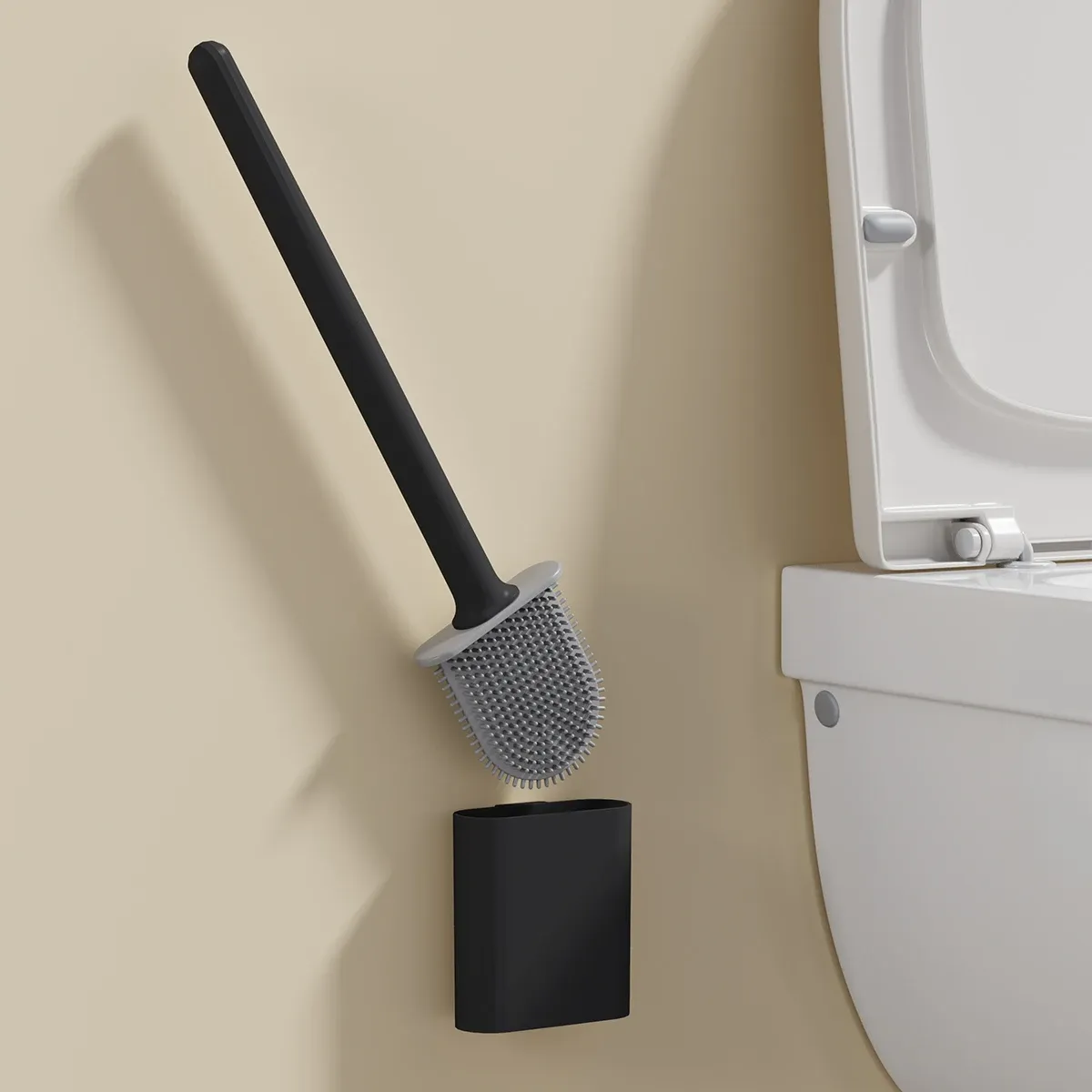 Houders zwarte siliconen toiletborstel met lange handgreep flexibele reinigingsmiddel mini badkamer borstel snel drogen houder badkamer accessoires