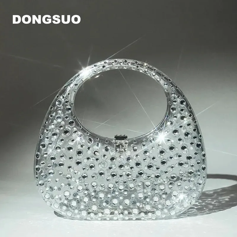 Acrylic clutch bag women Rhinestones clear designer wedding evening party round purse tote handbag 240418