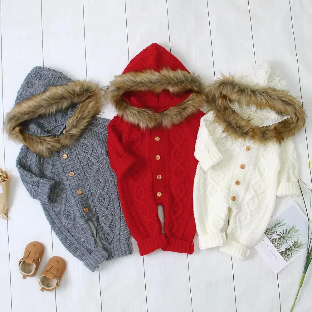 Polos 018m Baby Girls Knitted Hoodie Romper Clothes Cotton Warm Autumn Boys Long Sleeve Sweater with Faux Fur Collar Bodysuits