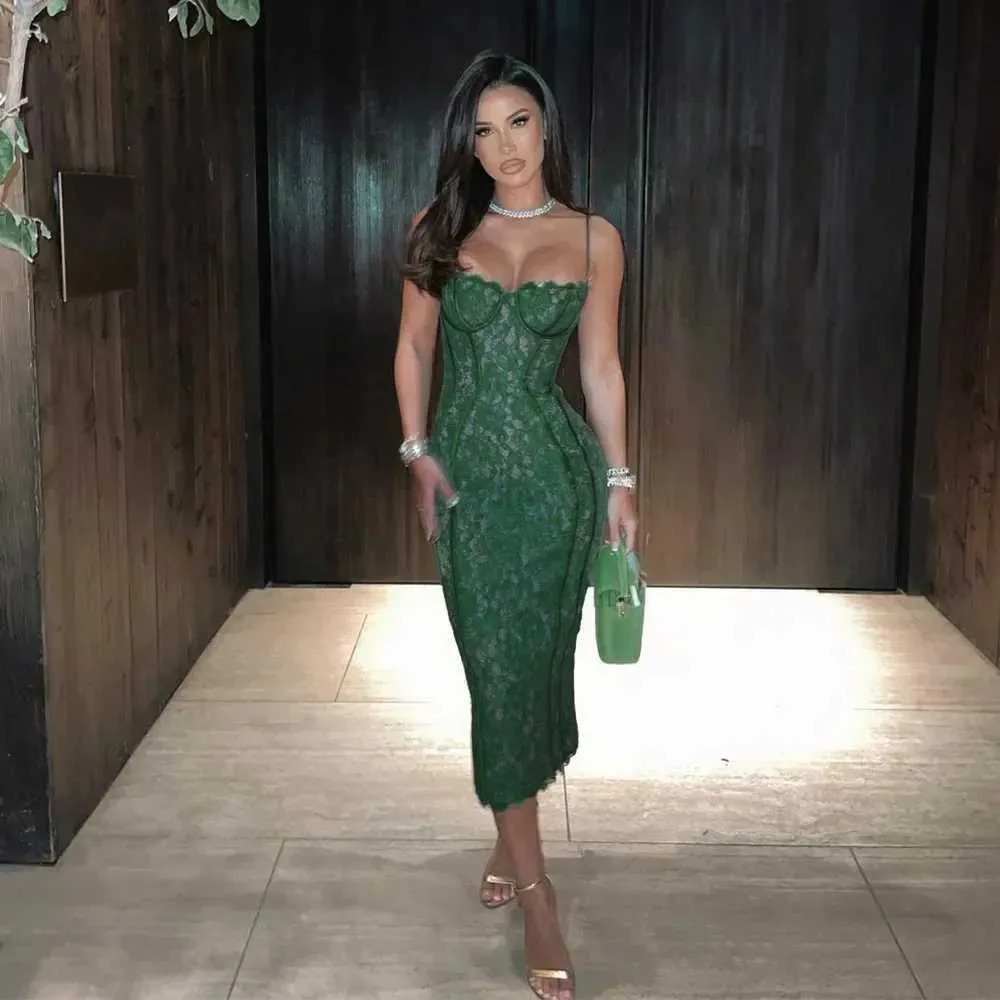 Green Spaghetti Strap V-Neck Green lace midi dress - Style for Summer Formal Occasions and Birthday Parties (M241123)