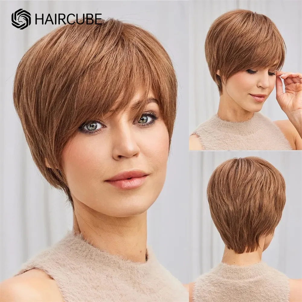 Peruklar HAIRCUBE Kısa İnsan Saçlı Peruklar Pixie Düz Peruk Bangated Tostlu Kahverengi Katmanlı Kadınlar İçin Glueless Bob Peruk