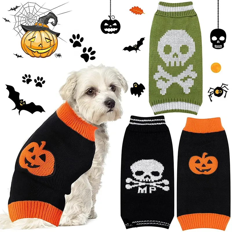 Sweaters Dog Sweater Warm Pumpkin Skull Dog Halloween Costume Autumn Winter Pet Clothes Apparel for Small Dog and Cat Halloween Holiday