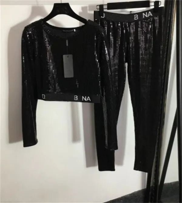 Women Tracksuits 2 Piece Outfits Pants Letter Sequin Grid Printed Sets Sportswear T-Shirt Top Pants Suits Streetwear Leggings
