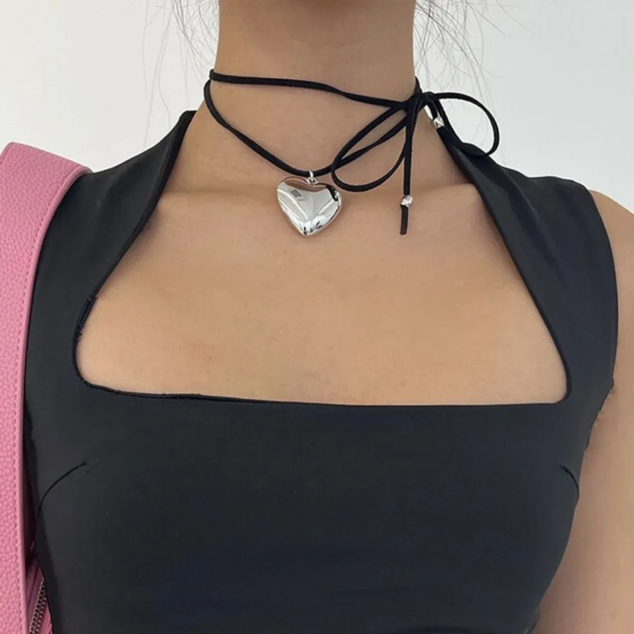 Clips Love Heart Pendant Black touw Topje Tie Choker ketting voor vrouwen elegante minimalist