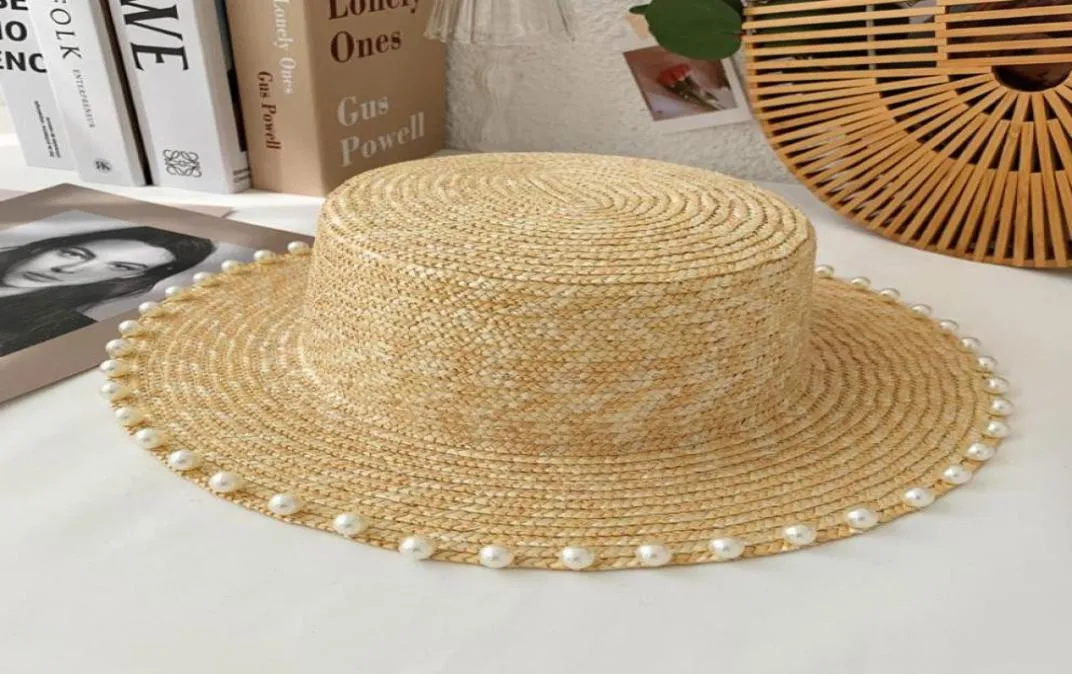 Berets Fashion Summer Women Natural Straw Hat With Pearl Decor Belt Elegant Travel Beach Sunhat Visor Caps Casual Panama Boater9211039