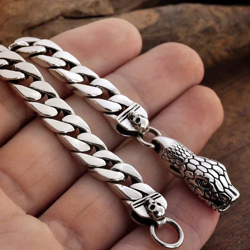 Strängar S925 Sterling Silver Cuban Chain Fashion Retro Snakehead Hook 18/20/22 cm Snake Armband Men Party Jewelry Gift