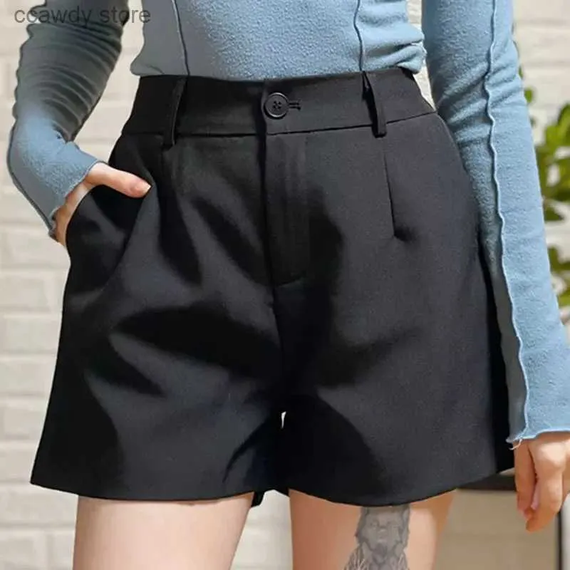 Женские шорты Lucifer Summer Black Womens Korean Fashion Office Высокий талия с твердым цветом Strt Pocket Casual H240424