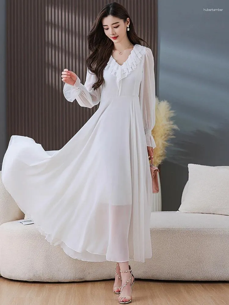 Casual Dresses Spring Summer Chiffon White Long Sleeve Midi Dress Women Clothing Elegant 2024 Fashion Tunics Korean Vintage Prom