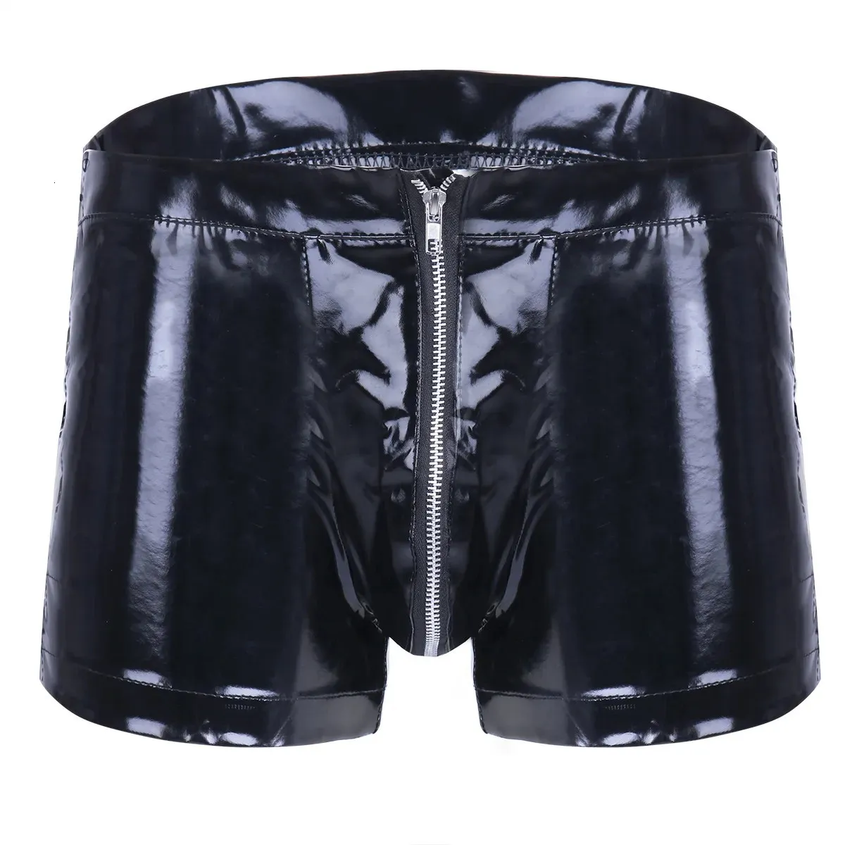 Mens sexy pantalon court en cuir à entrejambe pour le latex de sexe bodyconlône à fermeture éclair entrelace en cuir breveté en cuir laceur à côté de 240419