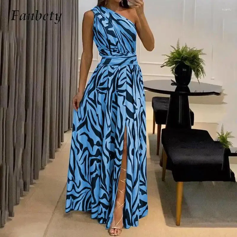 Casual Dresses Sexig One Shoulder Print Ruched Women Dress Summer Slash Neck Sleeveless High midje Boho Long Fashion Slit Maxi Party