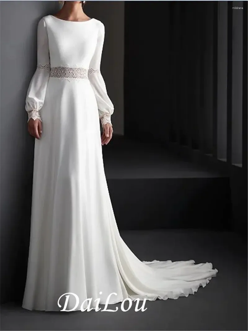 Party Dresses A-Line Wedding Jewel Neck Sweep / Brush Train Lace Chiffon Long Sleeve Country Plus Size With 2024