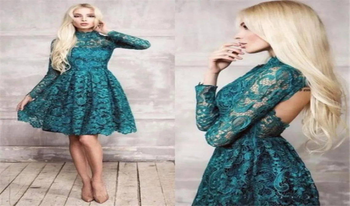 Dark Green Lace Long Sleeves Short Cocktail Party Dresses High Neck New Backless Knee Length Sexy Prom Dress Arabic Homecoming Gow6658927
