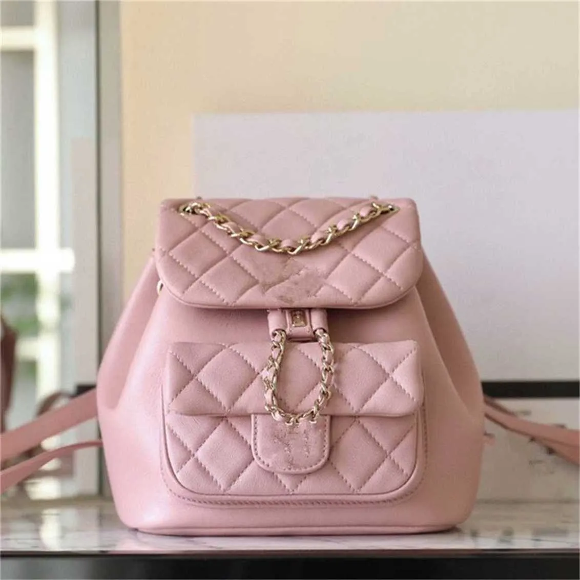 Sac fourre-tout haute définition 23Aduma Frog Double Diamond Grid Chain Pink Small sac à dos Cuir de veau d'usine avec grande capacité