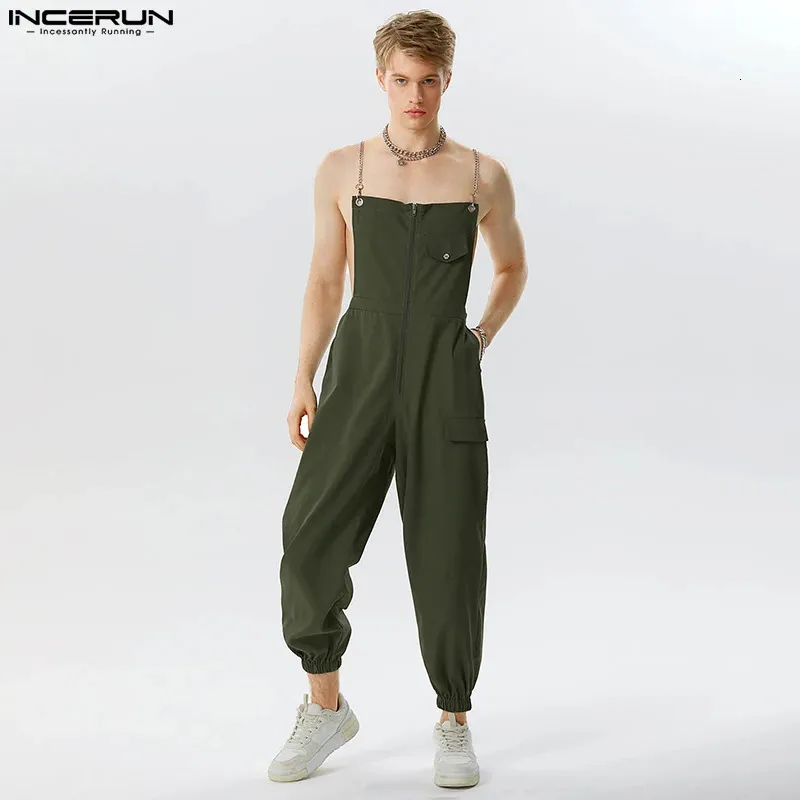 Incerun Handsome Mens Solid All-Match Cargo Pants Sumuits Streetwear Male Chain Connection Design Rompers S-5XL 240408