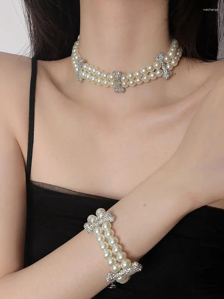 Exquisite Pearl Bone Double Layer Fashion Necklace Bracelet Set for Women Stylish Choker Necklace and Bracelet Set
