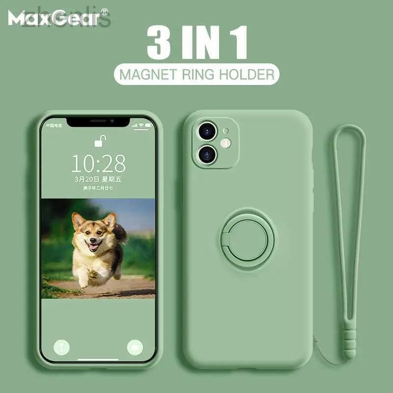 Casos de telefone celular capa de silicone líquido macio de luxo para iPhone 14 13 12 mini 11 Pro Xs x max 7 8 6s mais xr se suporte para suporte de anel de mão tampa de cinta d240424