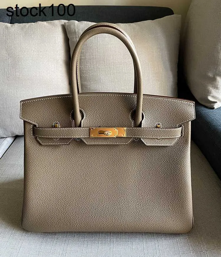 Platinum Handbag Heya بالكامل يدويًا يدويًا 30 سم طبقة رأس Litchi Togo Calfskin Elephant Gray Bage للنساء المصنوعة يدويًا من الجلد الأصلي