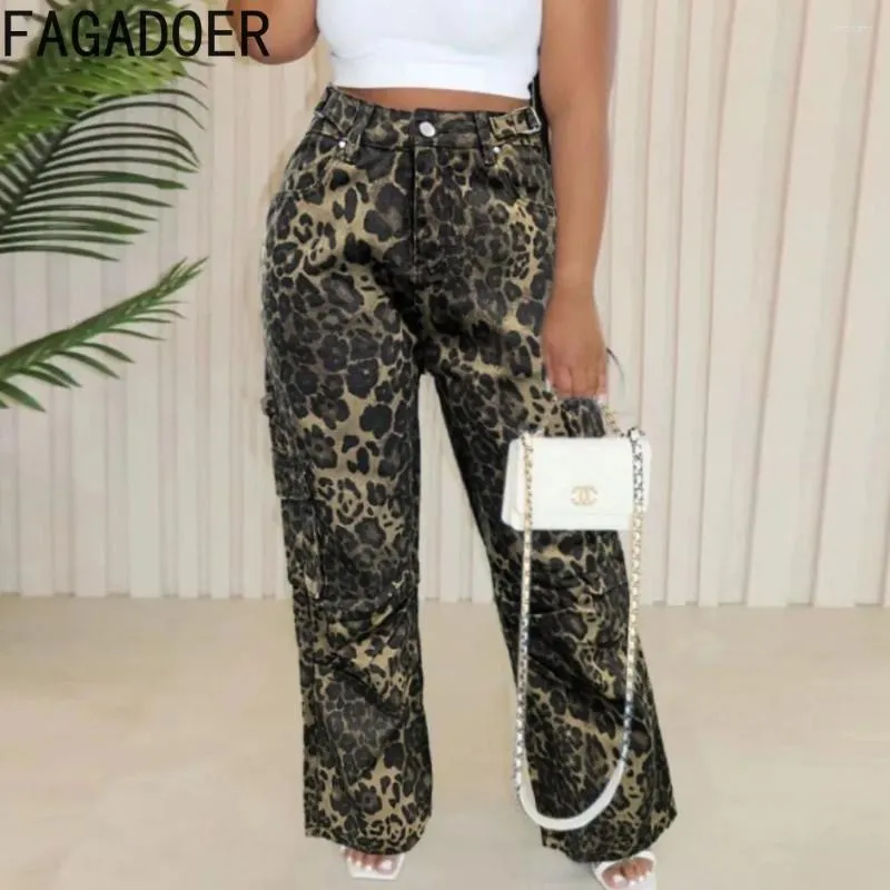 Calça feminina fagadaer moda leopard impressão jeans cargo reto mulheres com cintura alta bobo butters bollows feminino cowboy jeans jeans jeans