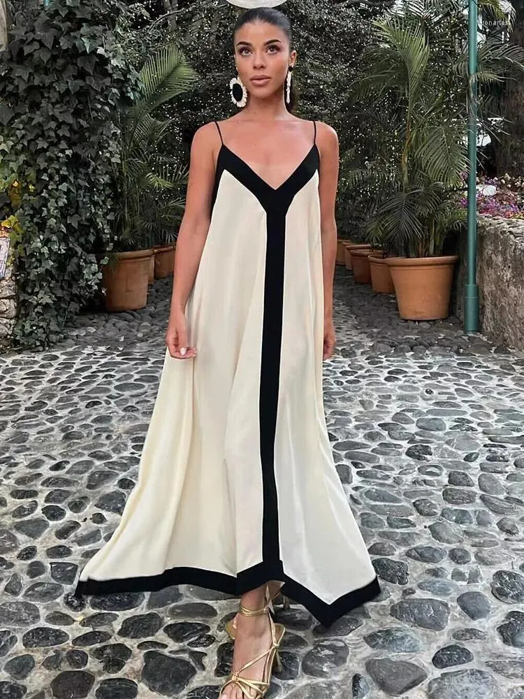 Lässige Kleider Sommerkleid Frauen Asymmetrischer Saum Kontrast Farbverkleidung Urlaub Strand Midi V Hals ärmellose Spaghetti -Riemen