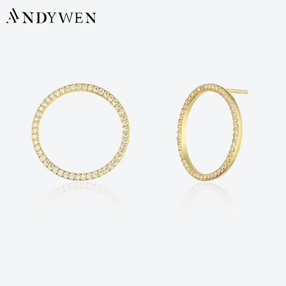 Earrings ANDYWEN 925 Sterling Silver Gold Big Circle CZ Pave Stud Earring Clip Luxury Fine Jewelry Round Crystal Women Clips Jewels