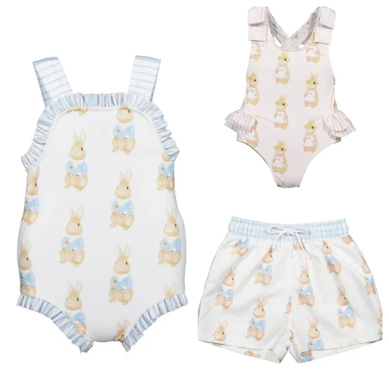 Badkläder sommar baby badkläder onepiece badväskor flickor baddräkter kaniner strandkläder pojkar strand shorts baddräkt barn bikinis jumpsuits