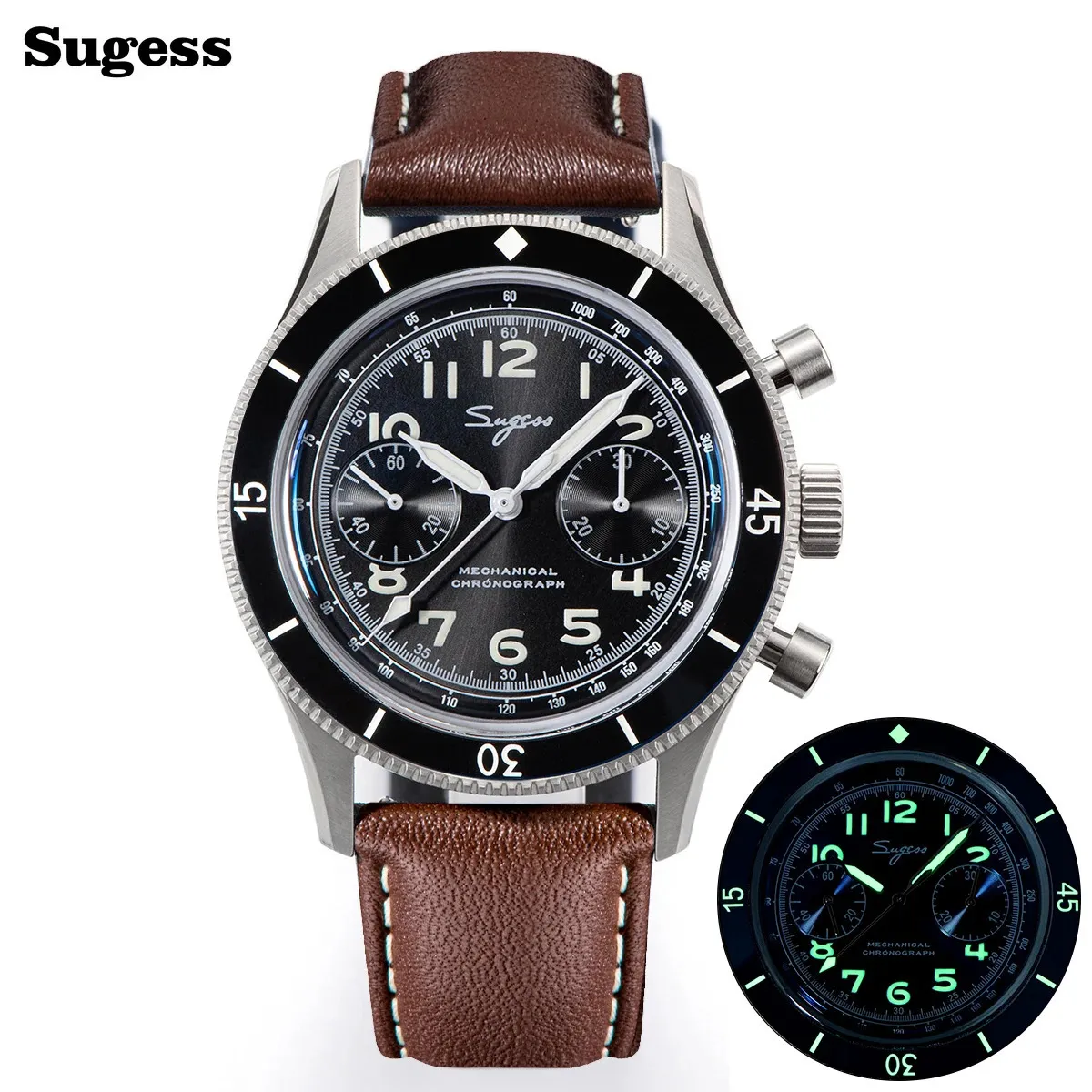 Sugess Pilot Watch Handwind Chronograph Mechanical Wristwatches Luminous Skeleton Men Watches Crystal Sapphire Leather 240419